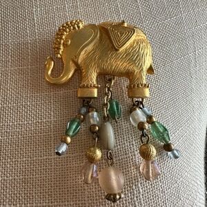 Vintage Gold Elephant Brooch with Beads